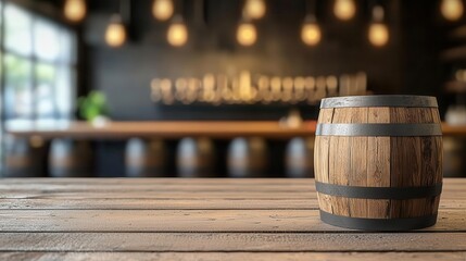 Bar with barrel tables and rustic decor, dim lighting, Rustic brewery bar