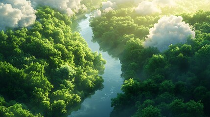 Overhead shot of a lush green forest with a river winding through it, reflections of clouds on the water, sunlight casting warm highlights on foliage, vibrant and natural atmosphere,