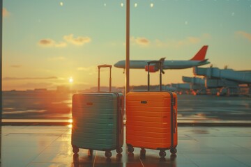 two suitcases at the airport against the background of a plane taking off