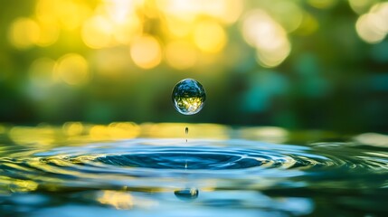 A single water drop frozen in mid-air with reflections of the environment