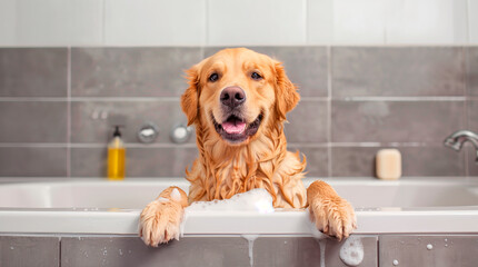 Golden Retriever dog getting a bath in a bathtub, covered with soap suds and white towel. Gray tile background and bath accessories included.