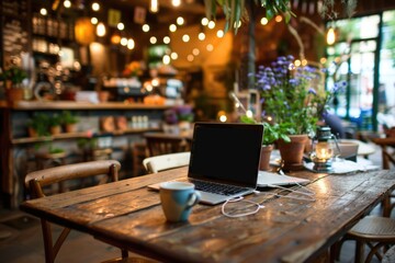 A laptop computer sitting on a wooden table, suitable for office or home use