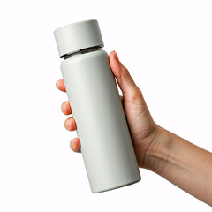 hand holding white water bottle mockup isolated on white background
