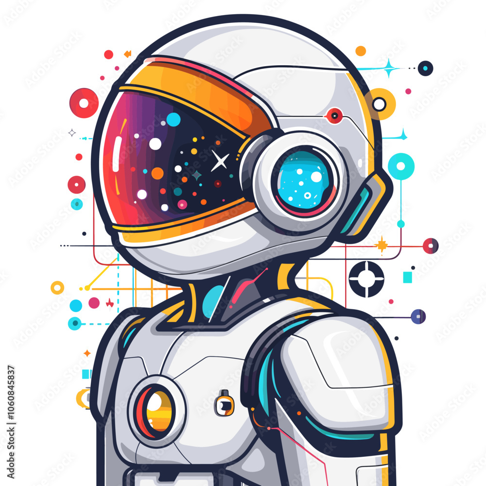 Poster robot with a helmet on a white background. the robot is wearing a white helmet and has a futuristic 
