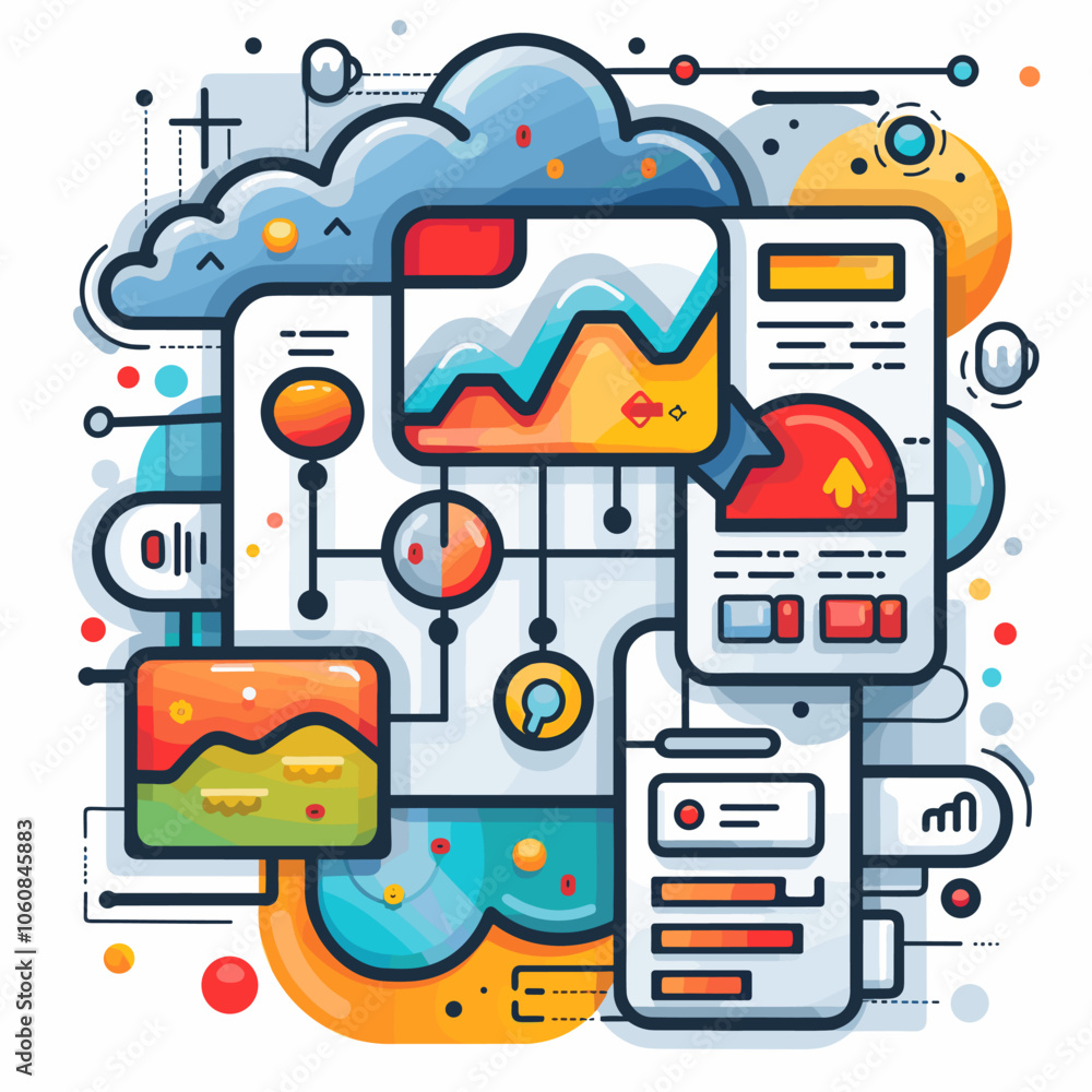 Poster colorful drawing of a computer screen with a lot of different icons and buttons. the drawing is abst