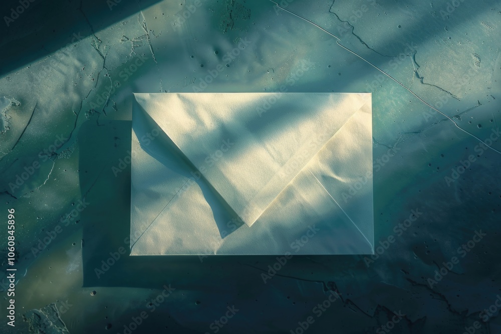 Poster a simple and elegant white envelope sitting on a table, perfect for use in various contexts such as 