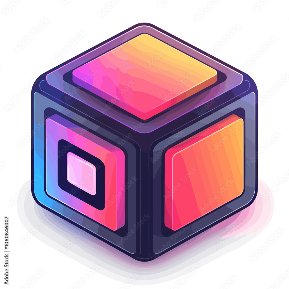 Poster colorful cube with a black border. the cube is made up of different colored squares. the colors are 