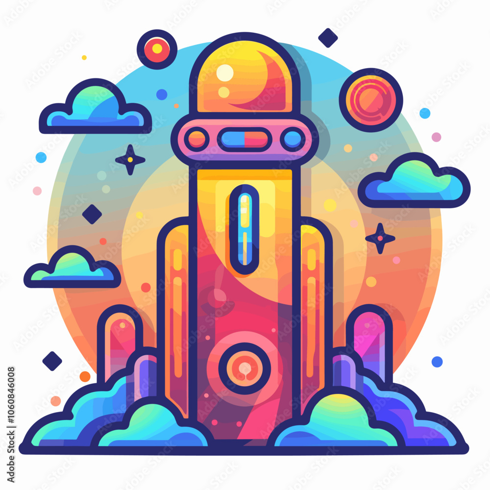 Poster colorful space station with a microphone on top. the space station is surrounded by clouds and stars
