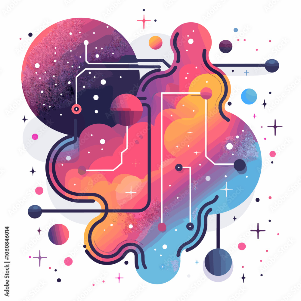 Poster colorful space scene with a large planet in the center and a large cloud of colorful gas surrounding