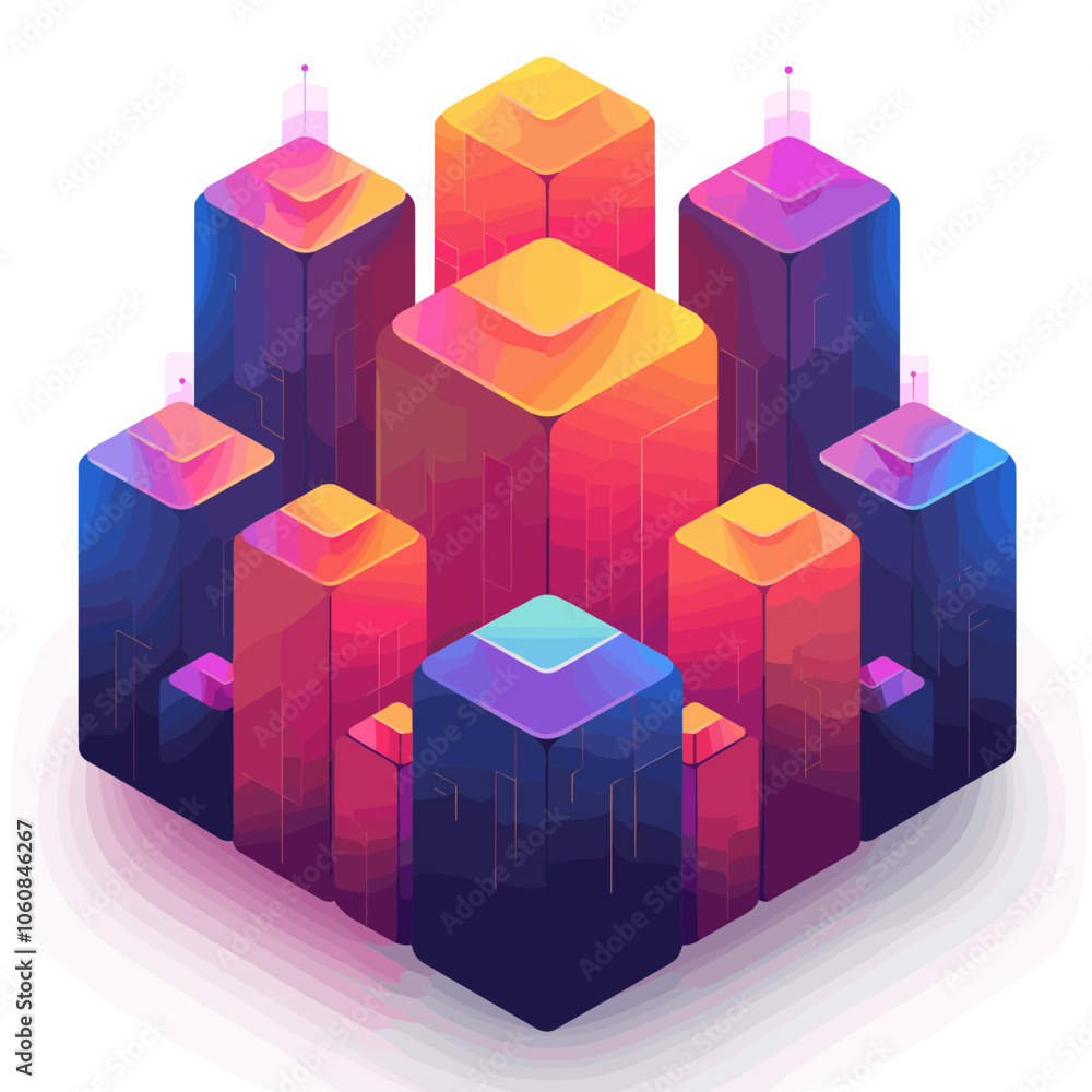 Poster colorful cityscape made of cubes. the cubes are of different colors and sizes, and they are arranged