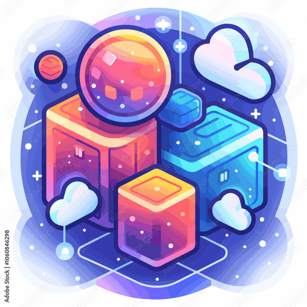 Poster colorful cube with a blue background and a white circle in the middle. the cube is surrounded by clo