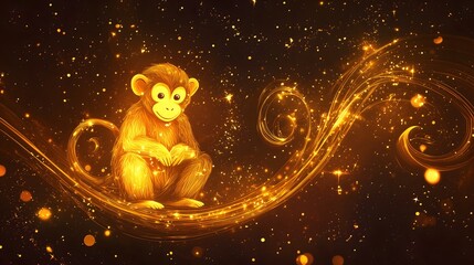 Captivating golden monkey surrounded by sparkling lights representing playfulness and joy in a magical universe