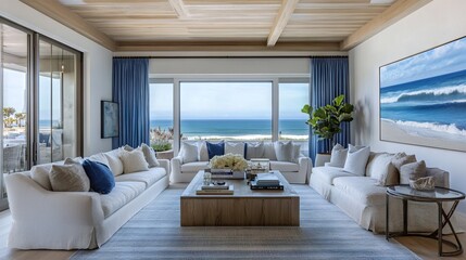 Fototapeta premium Coastal Living Room with Ocean View. AI generated illustration