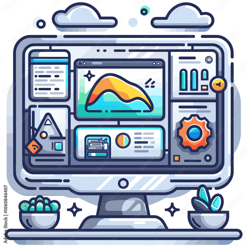 Aufkleber computer monitor with a graphic of a mountain range and a graph of a mountain slope. the graph is ye