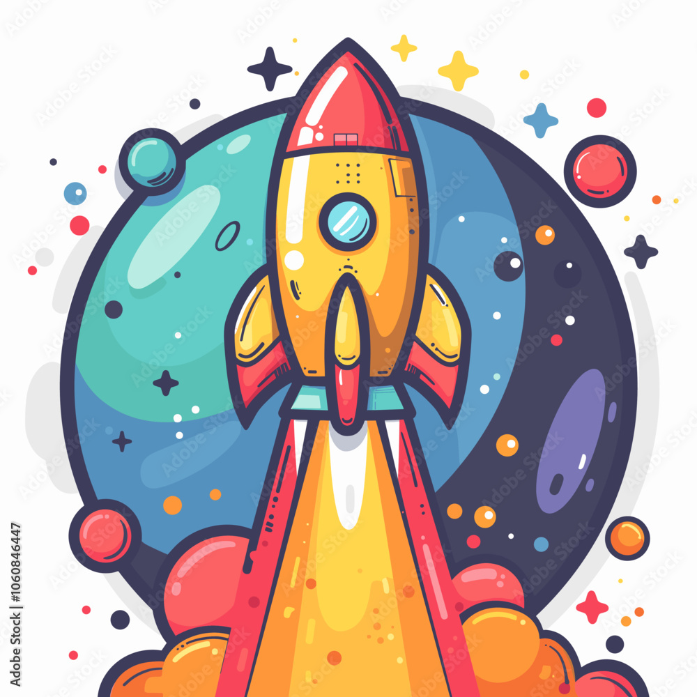 Poster rocket is flying through the sky with a bright orange flame trailing behind it. the image has a sens