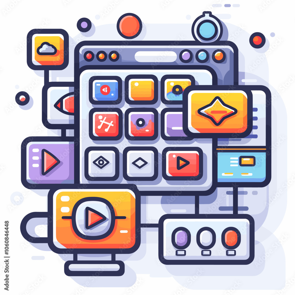 Aufkleber computer monitor with a lot of icons on it. the icons are colorful and the background is white