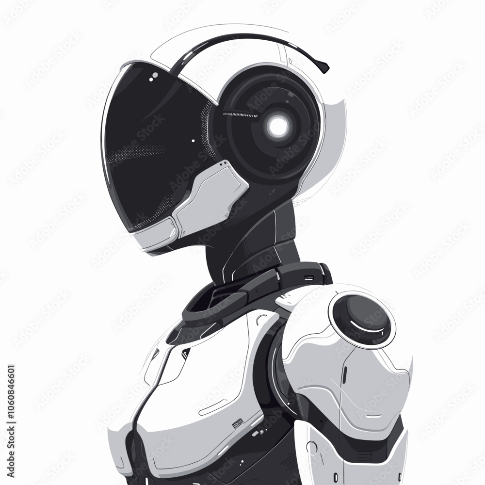 Poster robot with a helmet on a white background. the robot is wearing a white helmet and has a futuristic 
