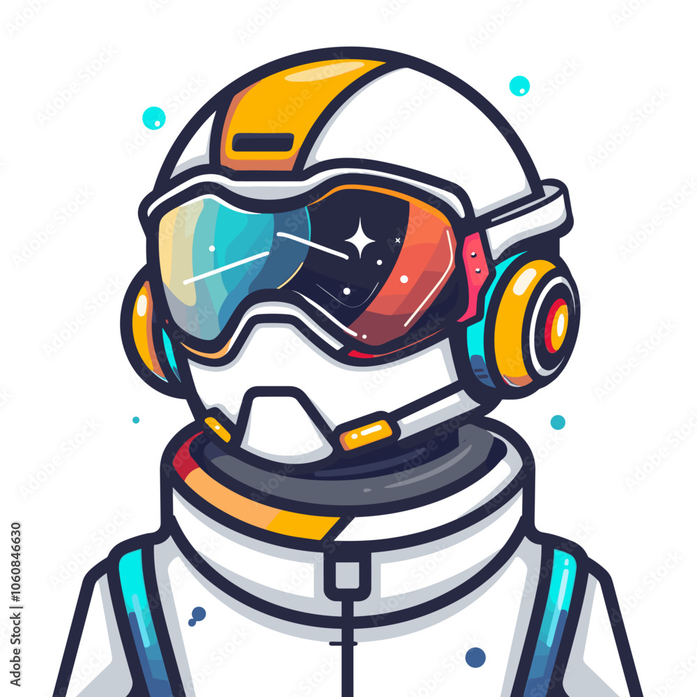 Poster robot with a helmet on a white background. the robot is wearing a white helmet and has a futuristic 