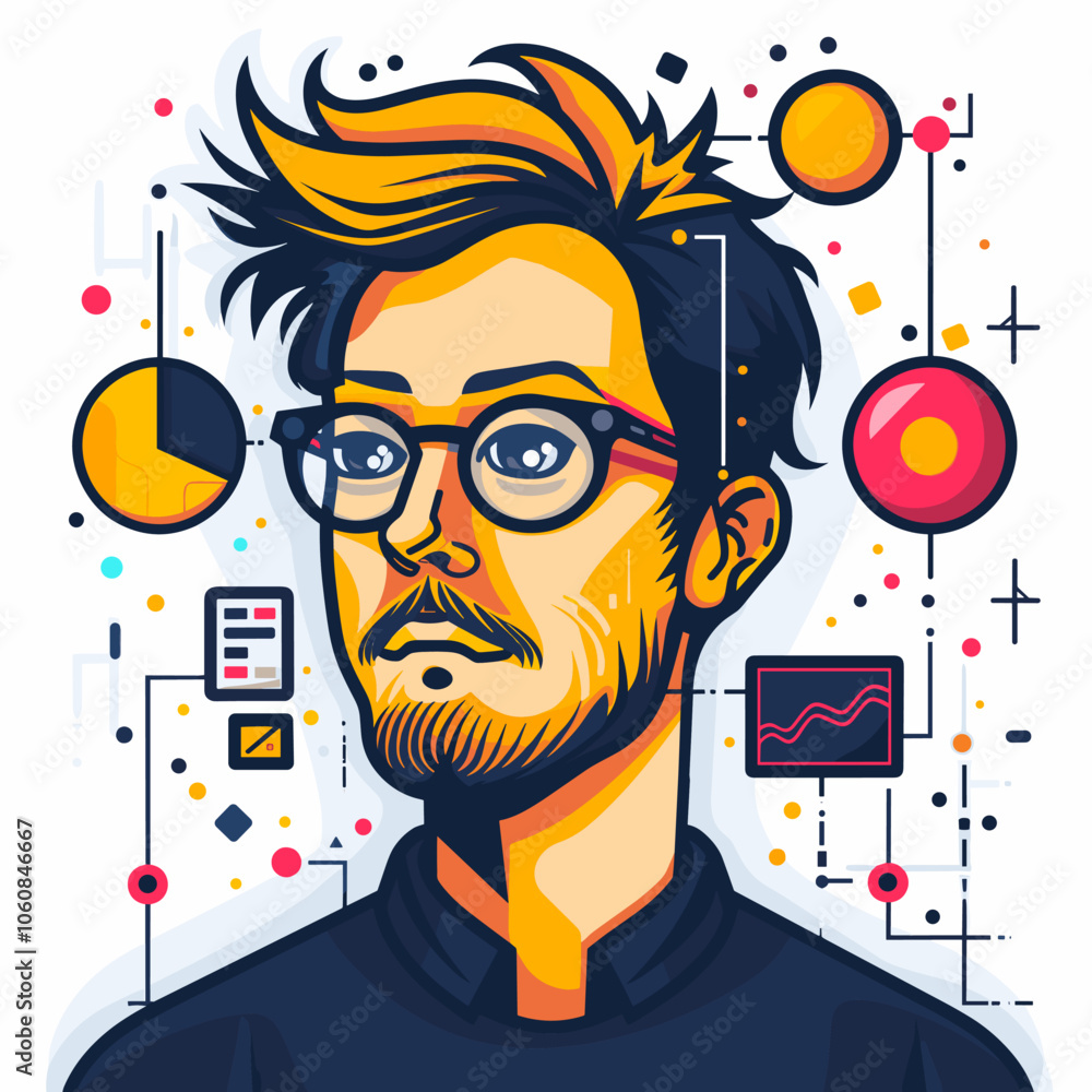 Poster man with glasses is the main focus of the image, he has a serious expression on his face. the image 