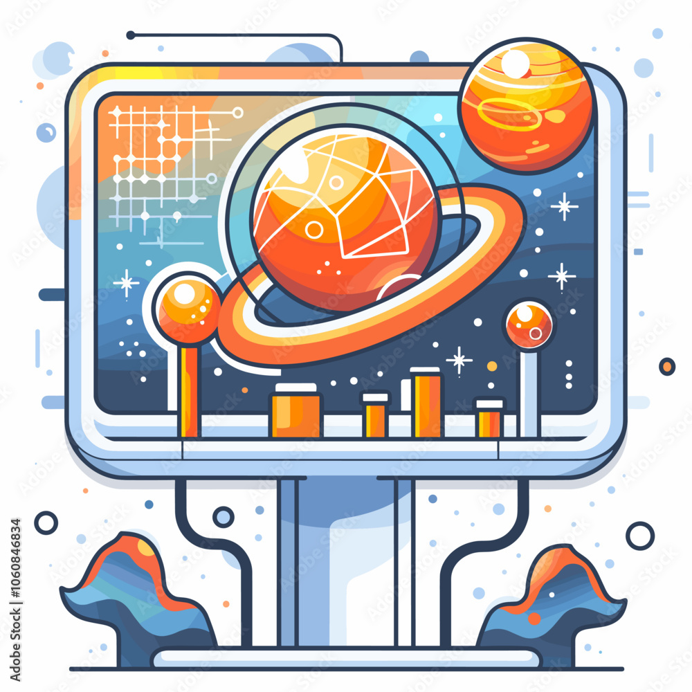 Poster computer monitor displays a colorful image of planets and stars. the image is a representation of th