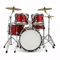 red drum set with cymbal stands on white background