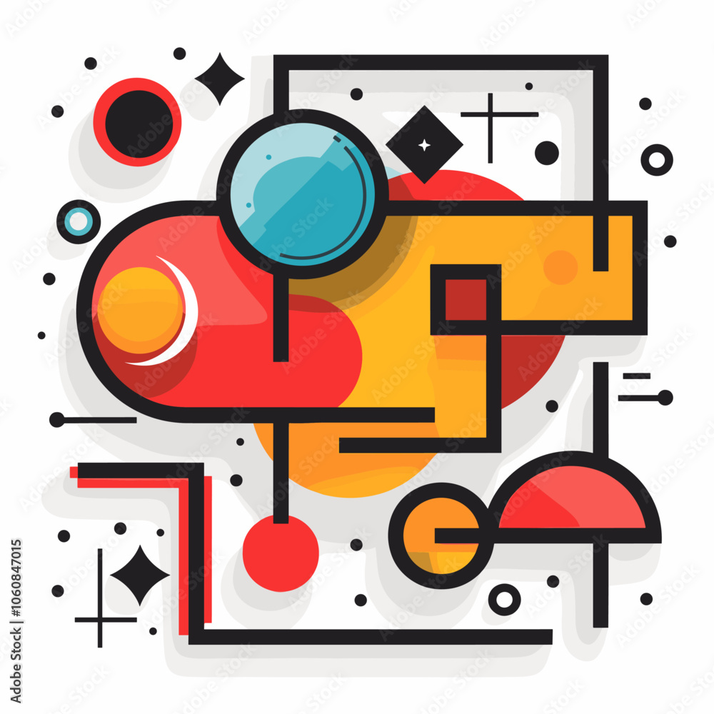 Poster colorful abstract drawing of a space with a red circle in the middle. the circle is surrounded by a 