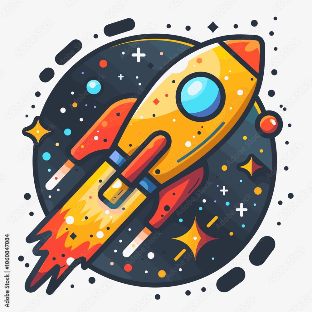 Poster rocket is flying through the sky with a bright orange flame trailing behind it. the image has a sens
