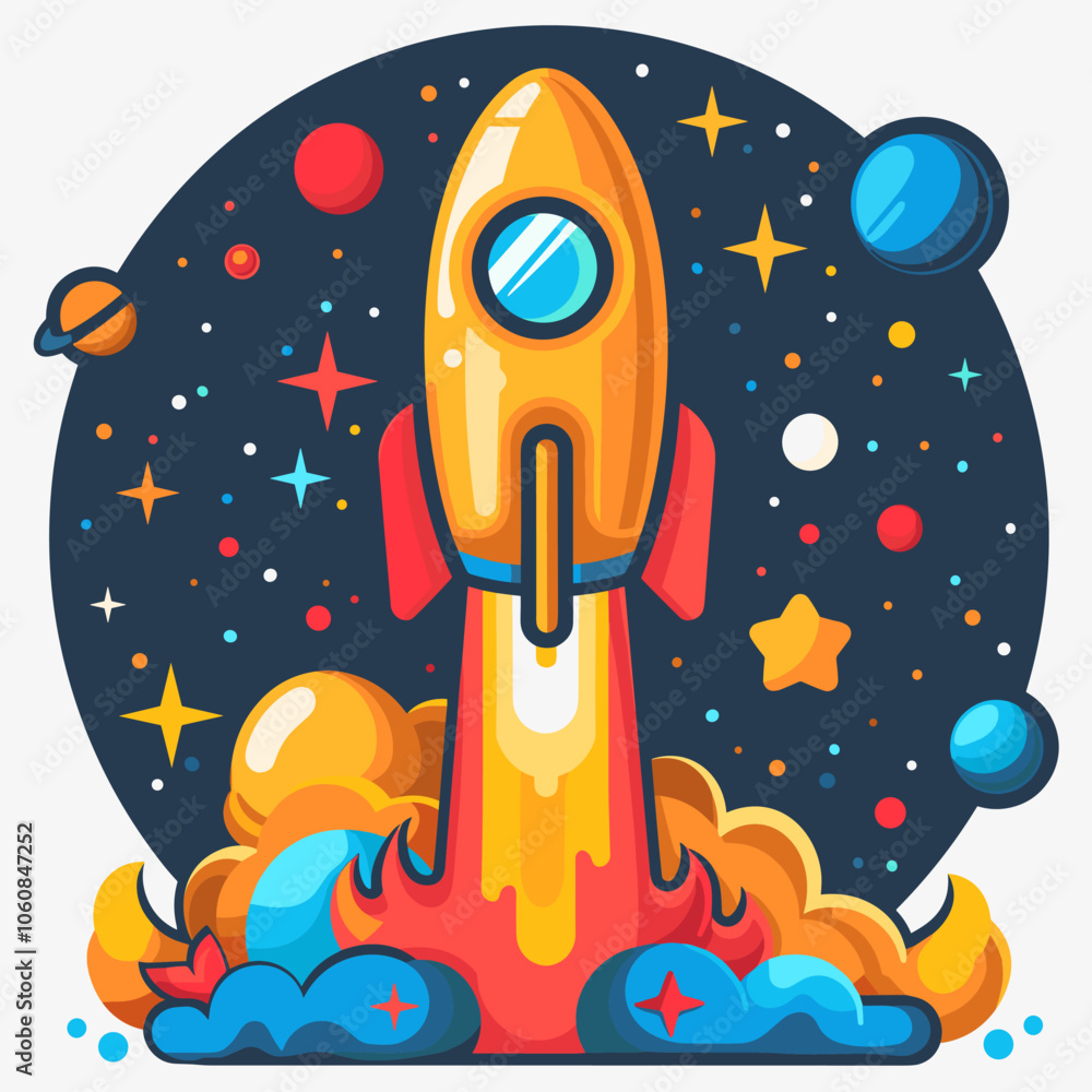 Poster rocket is flying through the sky with a bright orange flame trailing behind it. the image has a sens