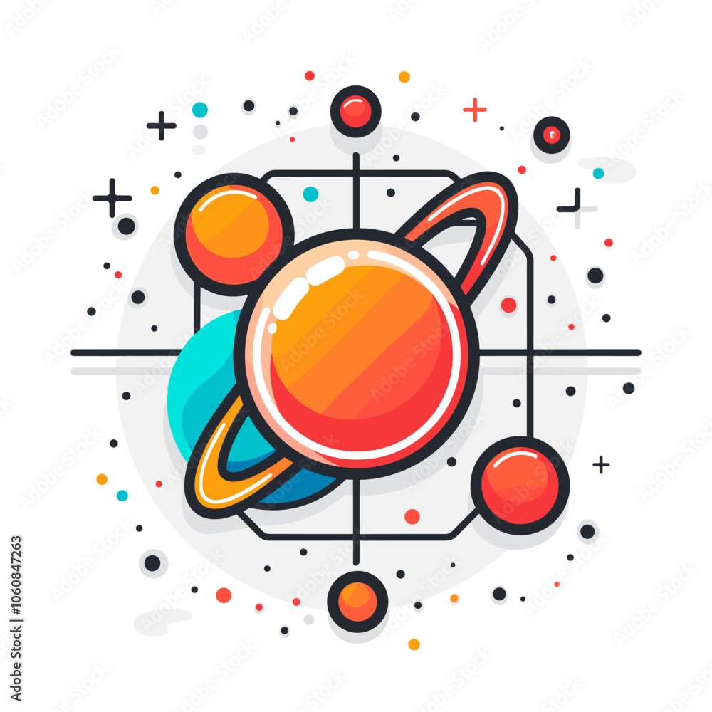 Poster colorful drawing of a planet with a star and a few other planets in the background. the drawing has 