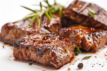 A white plate filled with meat and savory sauce, perfect for a comforting meal or presentation