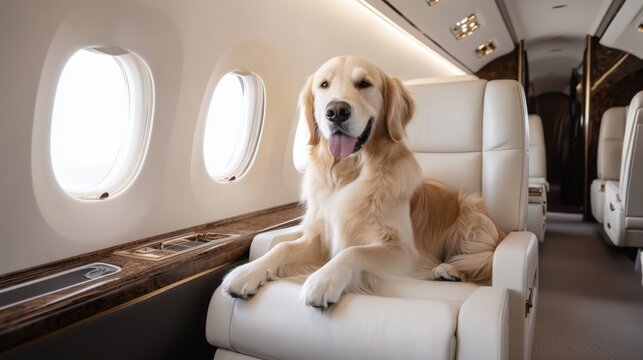 Pampered pet relaxing on luxurious private jet interior scenic travel adventure