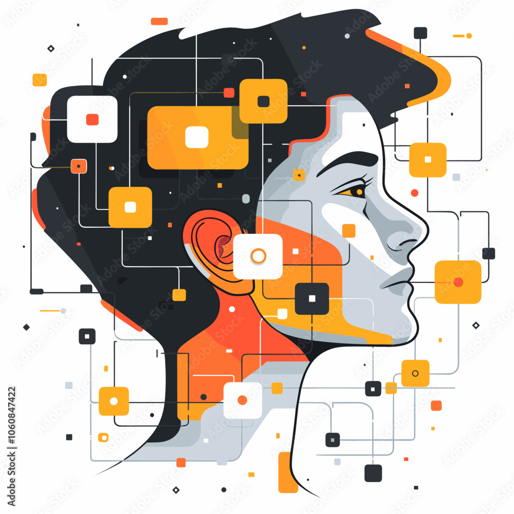Poster man's face is shown with a lot of squares and circles surrounding it. the squares and circles are of