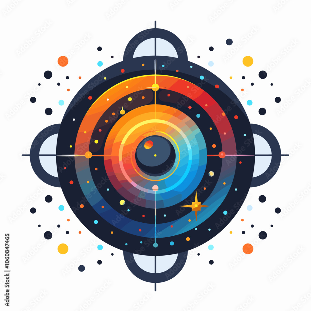 Poster colorful, abstract design of a galaxy with a large, bright blue circle in the center. the design is 