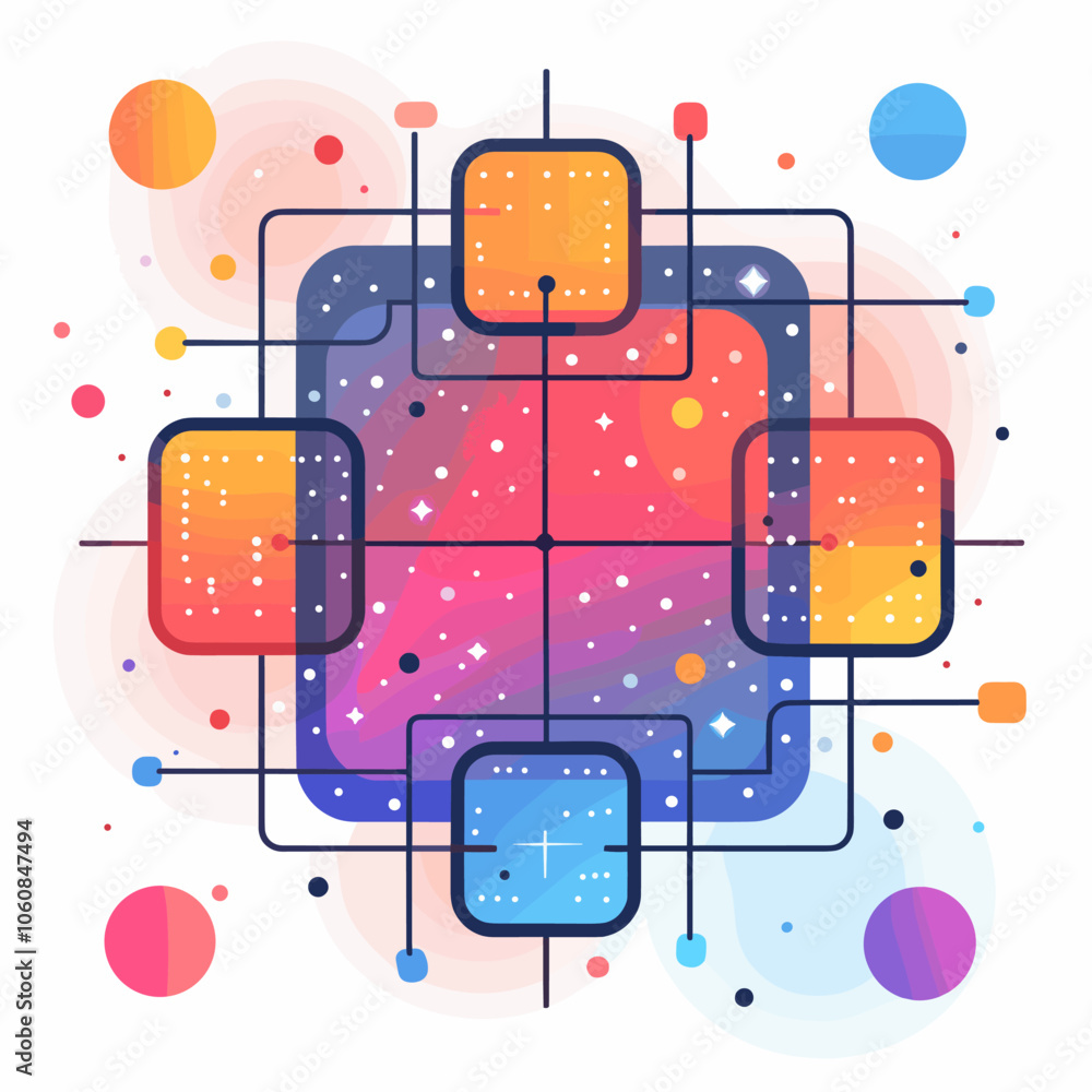 Poster colorful abstract drawing of a galaxy with four squares and a circle. the squares are in different c