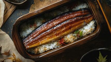 Elegant Japanese Bento Box with Eel and Rice. AI generated illustration