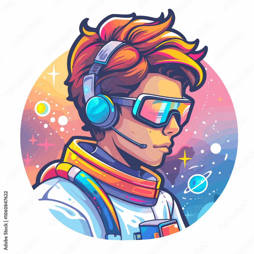 Poster man in a space suit with a headset on and sunglasses. he is wearing a space helmet and has a microph