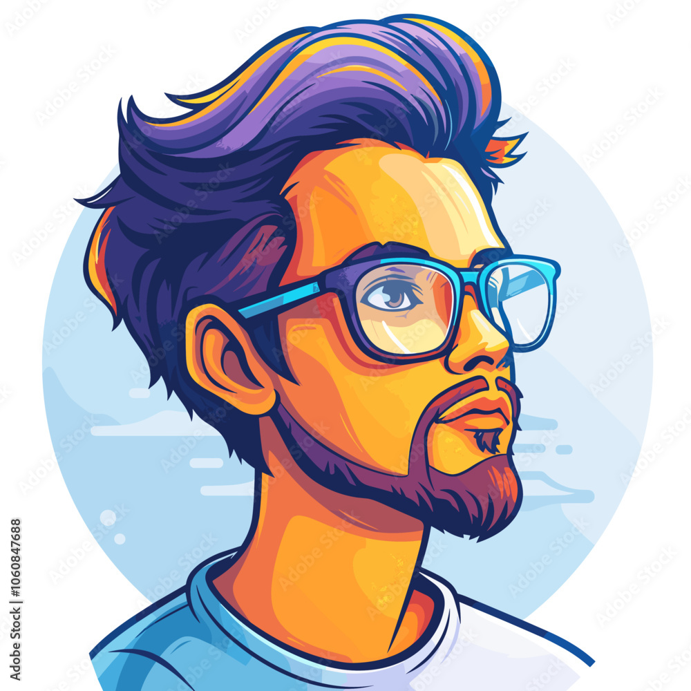 Poster man with glasses is the main focus of the image, he has a serious expression on his face. the image 