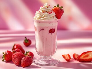 A visually appealing milkshake with strawberries and whipped cream. Served in a tall glass, it's garnished with fresh strawberry slices on the side.