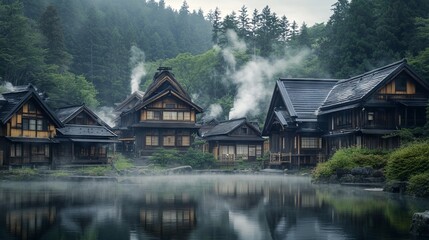 Fototapeta premium Serene Traditional Japanese Hot Spring Resort in the Forest. AI generated illustration