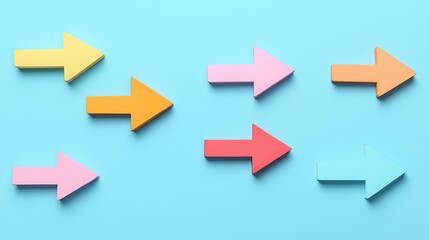 Colorful arrows point in various directions against a blue background, conveying movement and directionality.