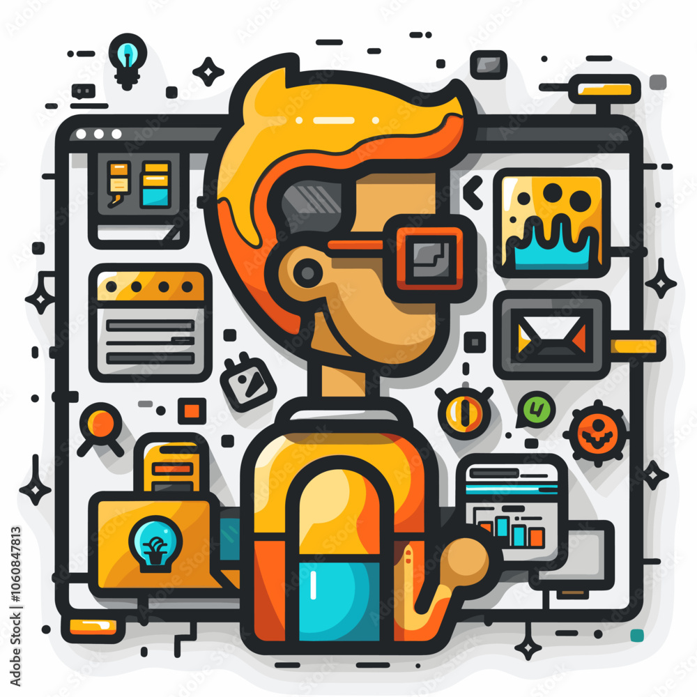 Poster man wearing glasses is holding a tablet and looking at a computer screen. the image is a representat
