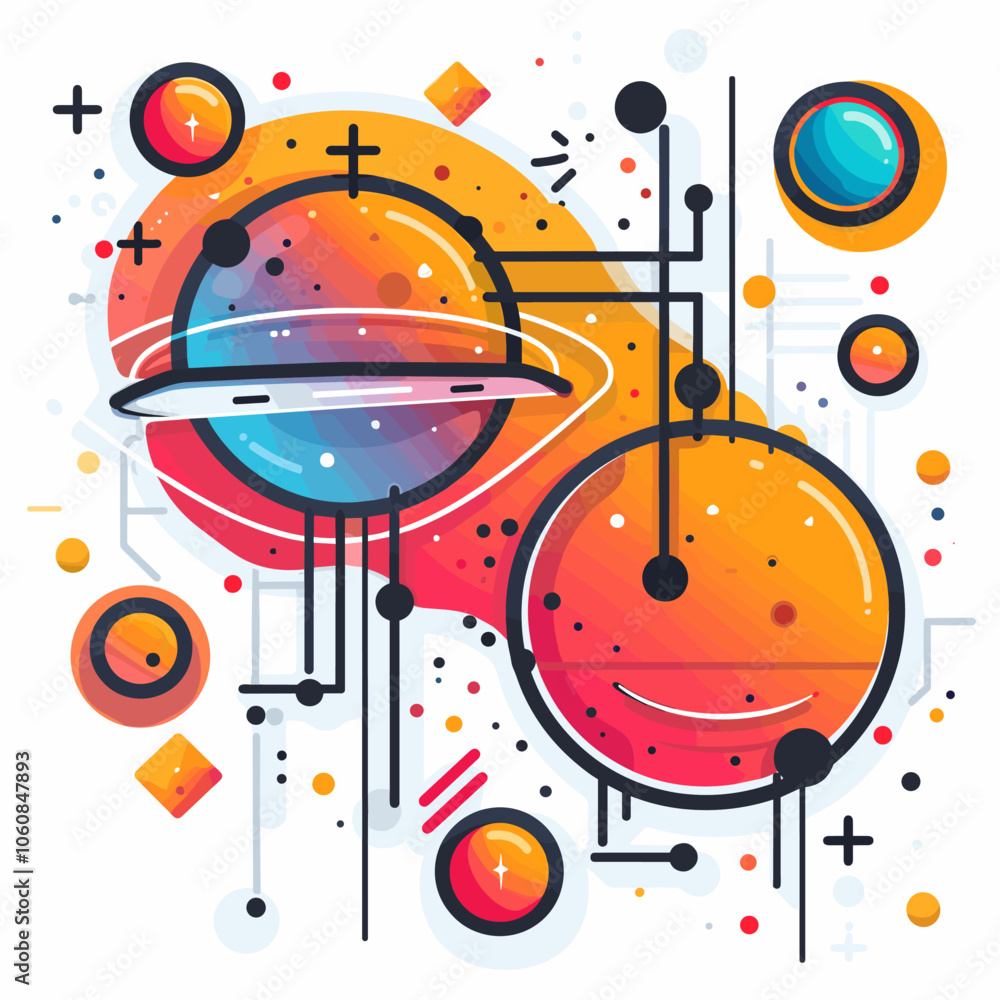 Poster the image is a colorful abstract of two planets with a smiling face in the middle. the planets are s