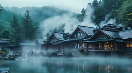 Fototapeta premium Serene Traditional Japanese Hot Spring Resort in the Forest. AI generated illustration