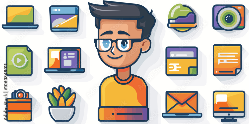 Poster man wearing glasses is smiling and surrounded by various computer-related items such as laptops, key