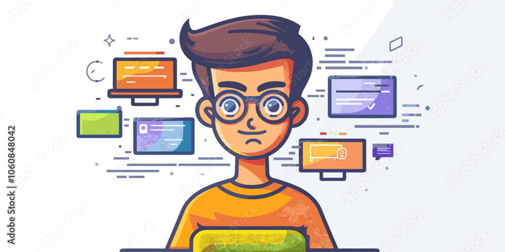 Poster man wearing glasses is sitting in front of a computer with a laptop and a cell phone. he is looking 