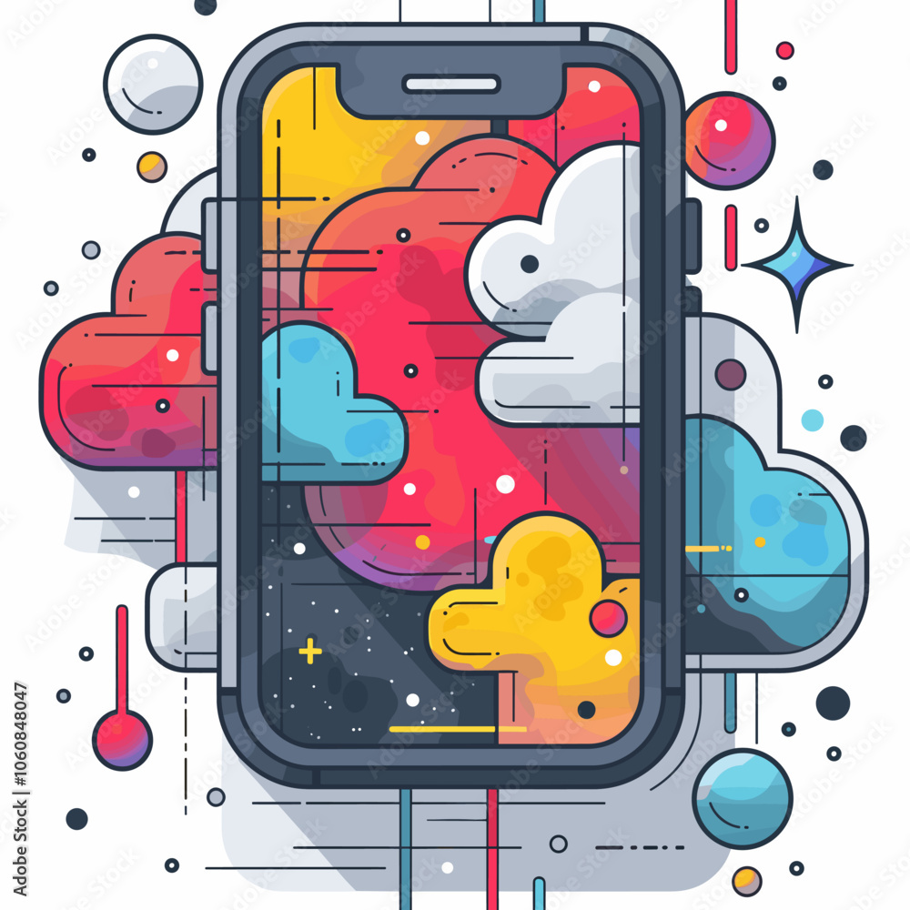 Aufkleber colorful cell phone with a rainbow background and clouds. the phone is the main focus of the image, 