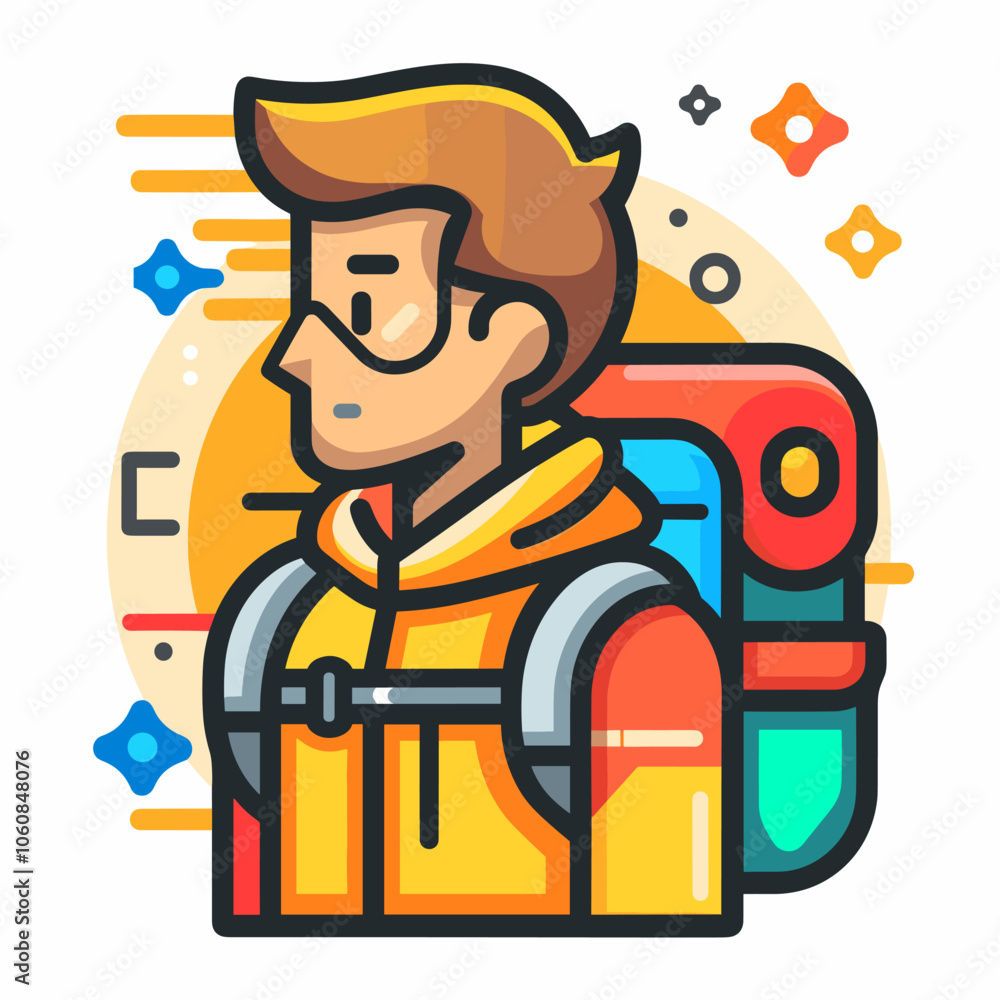Poster man with glasses and a backpack is standing in front of a circle. the circle has a lot of different 