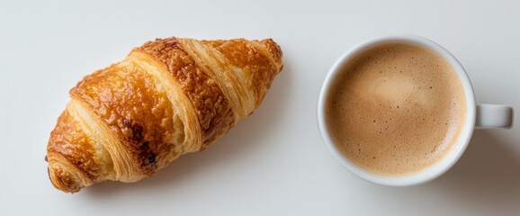 Minimalistic flat lay of coffee and pain au chocolat for a cozy breakfast scene