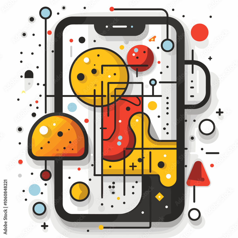 Poster cell phone with a yellow and red design on it. the phone is surrounded by a lot of different shapes 