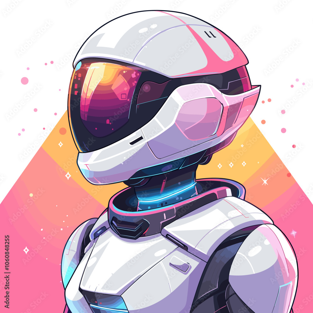Poster robot with a helmet on a white background. the robot is wearing a white helmet and has a futuristic 